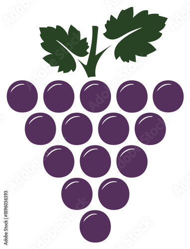 Stylized Grape Bunch Illustration with Leaves and Stem, Fruit Symbol, Vineyard Harvest, Purple Tones, Icon for Wine Industry, Vector Graphics