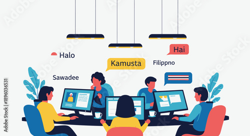 People working together on computers globally.