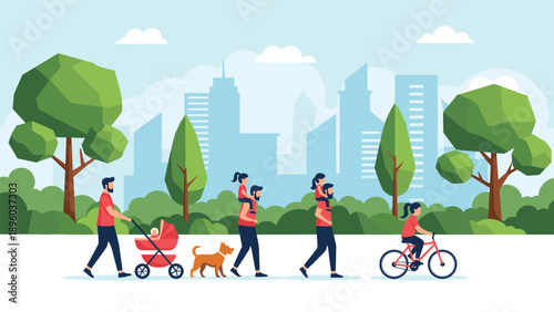 Active families and individuals enjoying a bright day in a city park with modern skyscrapers and green trees in the background.