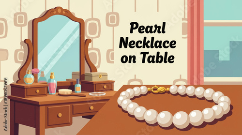 pearl necklace resting on an elegant vanity table, ideal for beauty branding, fashion catalogs, and editorial design cartoon vector illustration