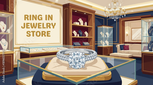 diamond engagement ring displayed inside a luxury jewelry store interior detailed cartoon vector illustration, designed for premium branding, advertising, and print use