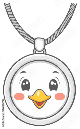 Duck face pendant necklace charm vector illustration. Jewelry trinket kawaii character