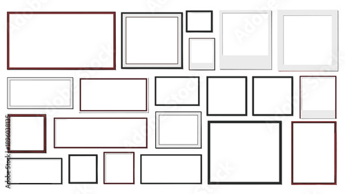 Collection of various empty wooden and plastic picture frames in different sizes and shapes hanging on a clean white wall as a home decor display.