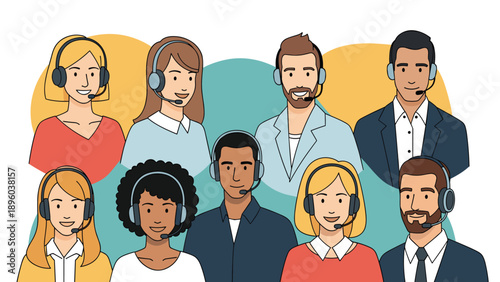 Diverse group of male and female customer service representatives wearing headsets and smiling while working in a busy corporate call center environment.