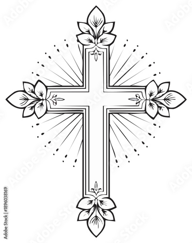 Elegant Christian Cross Illustration with Floral Embellishments and Radiant Rays