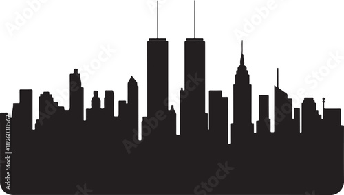 City skyline silhouettes in black.