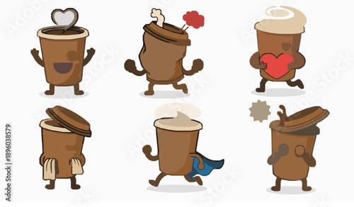 Expressive coffee cup mascot characters emotion vector set