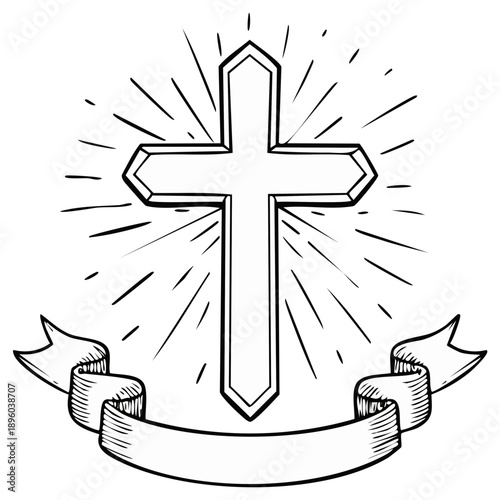 Spiritual Christian cross design with radiant sunburst and empty flowing ribbon for text