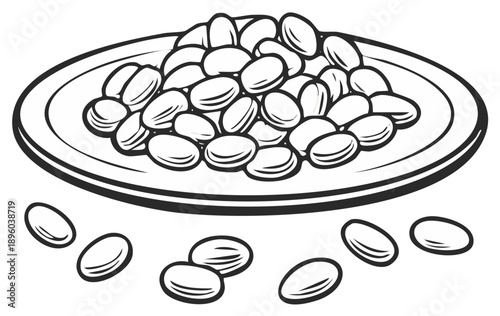 Illustration featuring a heap of beans on a plate, presented in a black and white outline style