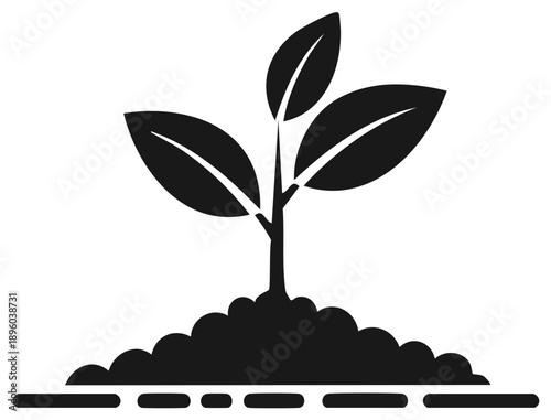 Black and white icon of a healthy young plant growing from fertile soil