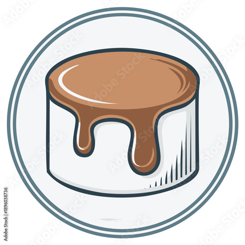 Cartoon confection icon with chocolate glaze dripping off the top, drawing in a round frame