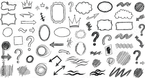 Hand Drawn Doodle Elements Mega Set With Arrows Frames Speech Bubbles Question Marks And Scribble Shapes In Sketch Outline Illustration Style Isolated On White Background