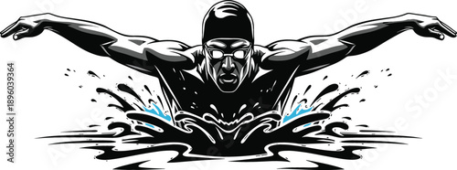 Dynamic black and white illustration of a competitive male swimmer performing butterfly stroke with water splashes and goggles