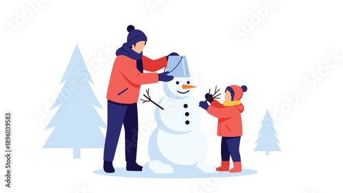 Young father and his little child working together to build a snowman in a winter landscape with pine trees for a festive outdoor holiday scene.