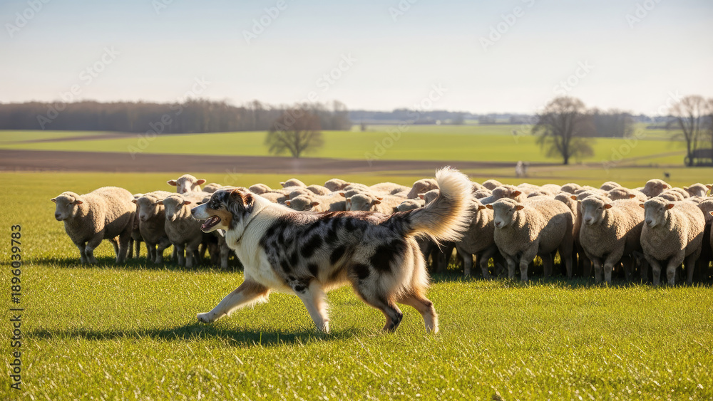 Fototapeta premium Australian Shepherd Herding Sheep in Green Field