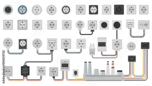 Large assortment of different electrical power sockets and plugs with wires connected to a central power strip for home and industrial use.