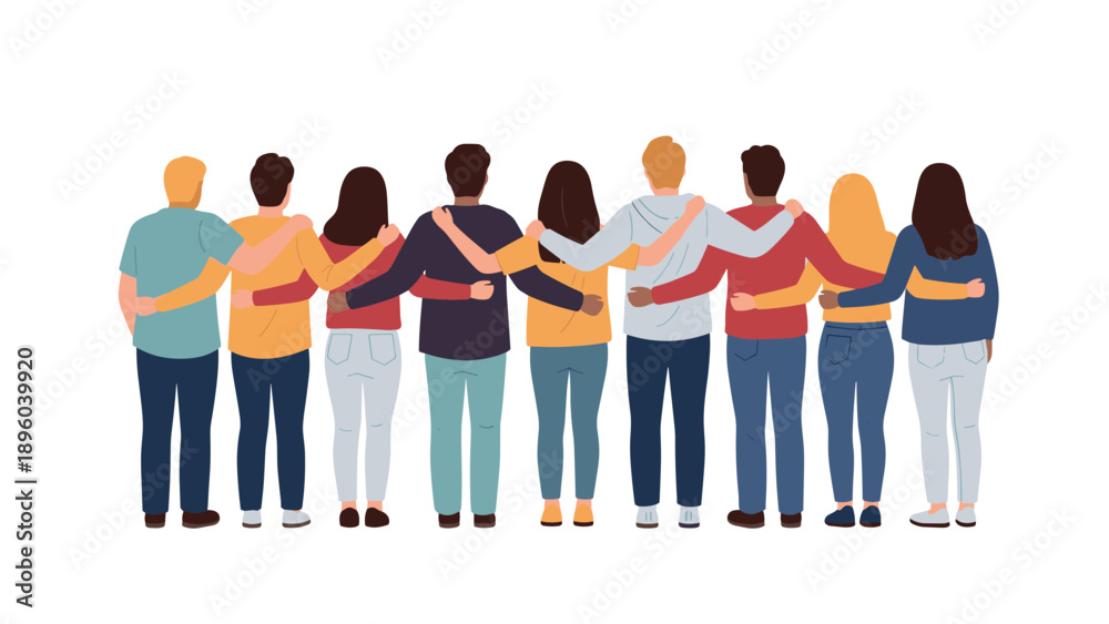 Obraz premium Large group of diverse friends standing together in a row with their arms around each other as a symbol of unity friendship and social support.