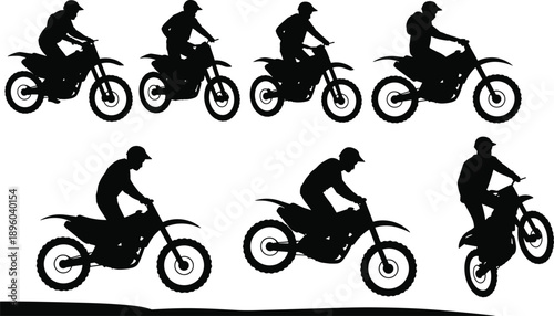 Diverse silhouette poses of motocross riders in action on dirt bikes showcasing dynamic movements and athletic stances against a clean white background