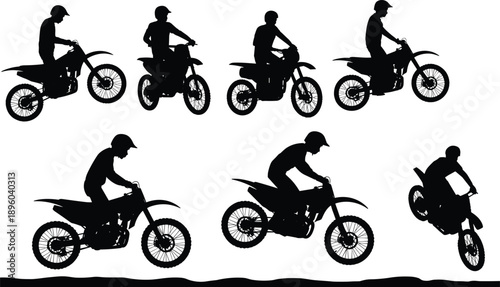 Silhouettes of motocross riders in various dynamic poses on dirt bikes against a clean white background showcasing action and movement