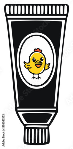 Cute cartoon chicken on a black tube of cream or ointment