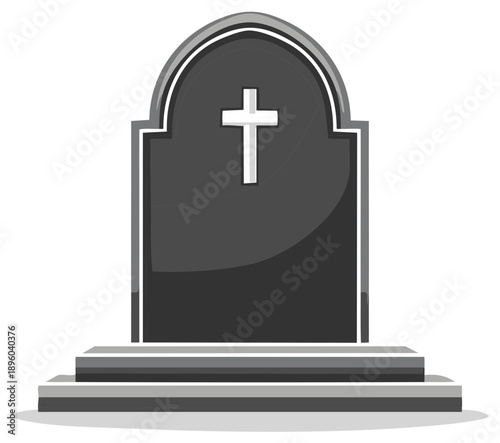 A gray stone tombstone with a white cross emblem stands on a tiered stone base.