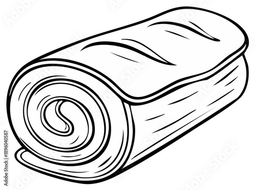 Monochrome vector line art illustration features a rolled-up mat for yoga, exercise, or camping