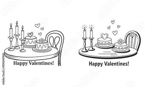 Romantic Valentine's Day dinner table setting with wine, candles, and heart shaped chocolates