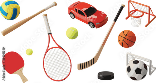 Sports equipment flat illustration set including balls, rackets, bat, car, basketball hoop, soccer goal isolated white background