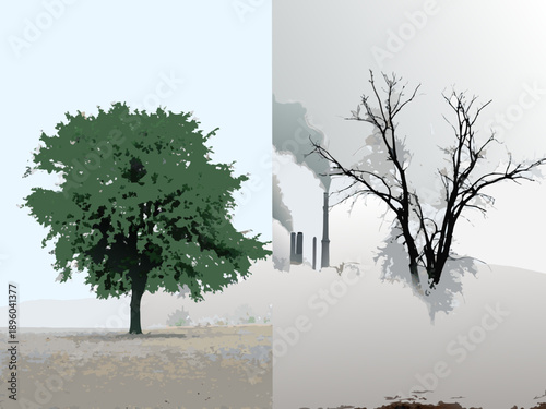 Contrasting Scenes A Vibrant Tree Beside Industrial Pollution And Bare Branches