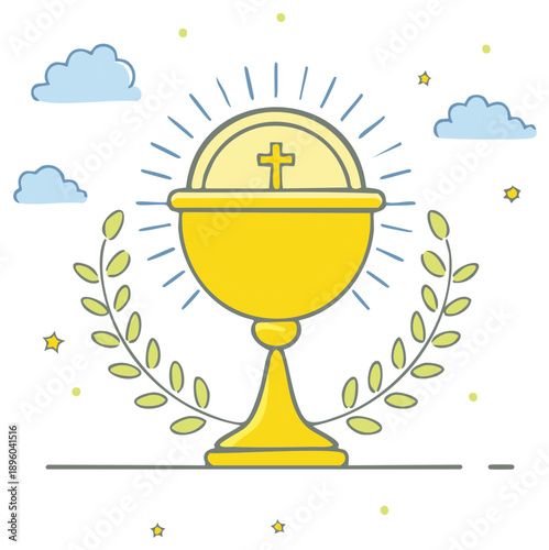 Golden Chalice with Host and Cross Surrounded by Laurel Wreath and Stars