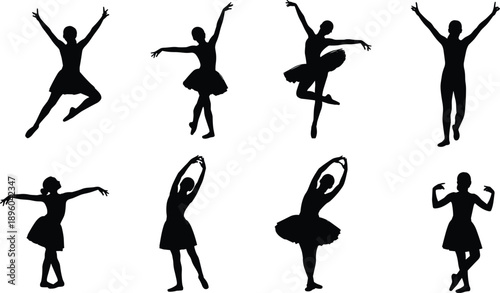 Black silhouettes of ballet dancers and ballerinas performing graceful poses, isolated vector set of girls in tutus for dance school, theater, and arts