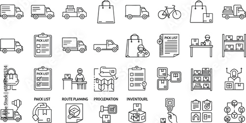 Logistics and delivery service icon set featuring shipping trucks warehouse management pick list route planning and distribution vector
