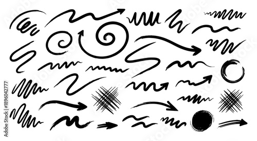 Curvy hand drawn ink arrows and pointing doodles