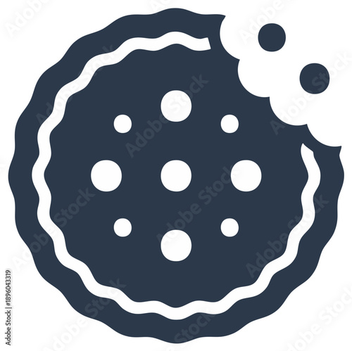 Minimalist bitten cookie icon with chocolate chips and wavy edge, simple flat design vector graphic