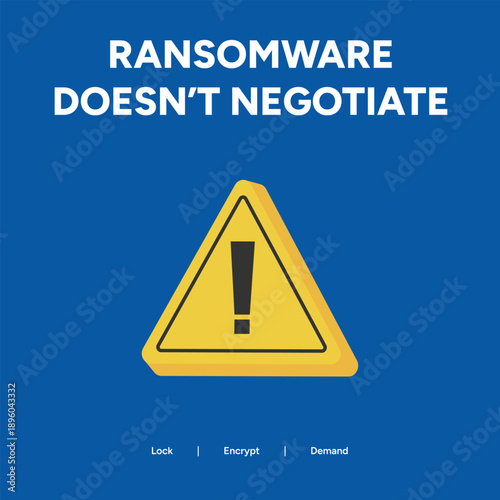 Ransomware Warning Icon and Text with Yellow Caution Sign Illustration for Cybersecurity Awareness on Blue Background