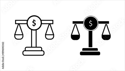 Line icon illustrating balance scale with dollar symbol, representing financial fairness, economic justice, accounting balance, and legal finance concepts.