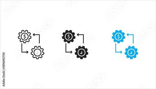 Line icon illustrating financial process and time management with gear symbols, arrows, and dollar sign. Suitable for business workflow, automation, accounting, productivity, and finance concepts.