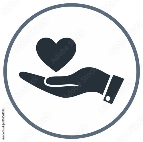 Symbolic icon of an open hand gently holding a heart shape representing love care and generosity