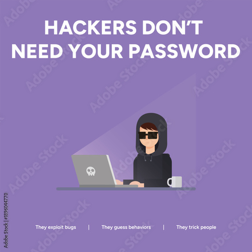 Hacker in Hoodie Illustration with Laptop and Hackers Don't Need Your Password Text for Cybersecurity Social Engineering Awareness