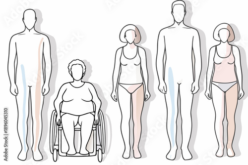 Diverse body shapes and sizes illustrated with human figures and a wheelchair