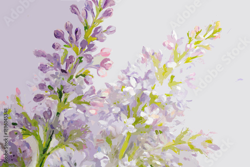 A painted close up of delicate lavender flower blossoms against a soft background