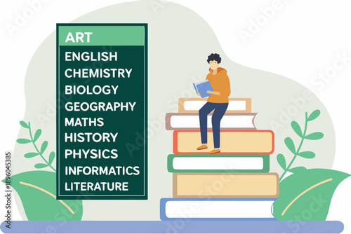 Student climbing a stack of books representing various school subjects