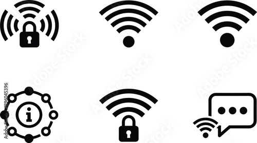WiFi security icon set with locked wireless signals information network communication symbols vector illustration solid style