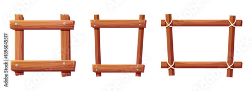 Wooden frame set, border wood board, brown plank. Rustic textured tree panel frames fastened with timber nails and natural rope. Ui game asset 