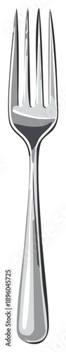 Shiny Silver Fork Illustration Featuring Four Tines and an Elongated Handle for Kitchenware or Dining Designs