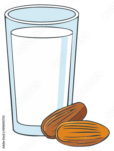 Fresh almond milk in a tall glass with two whole almonds nearby