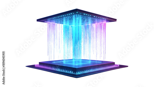 Futuristic digital display platform with cascading light streams and glowing neon accents