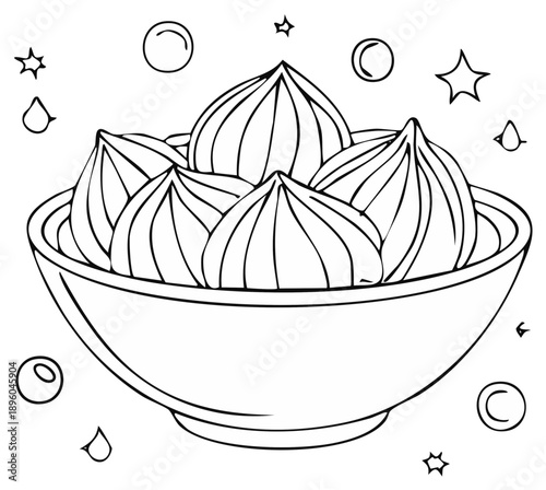 Festive bowl of sweet dumplings or modak in a doodle line art coloring page illustration