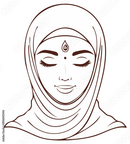 Line art illustration of a peaceful woman wearing a hijab and a bindi