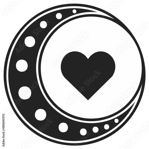 Heart inside crescent moon graphic illustration, love symbol